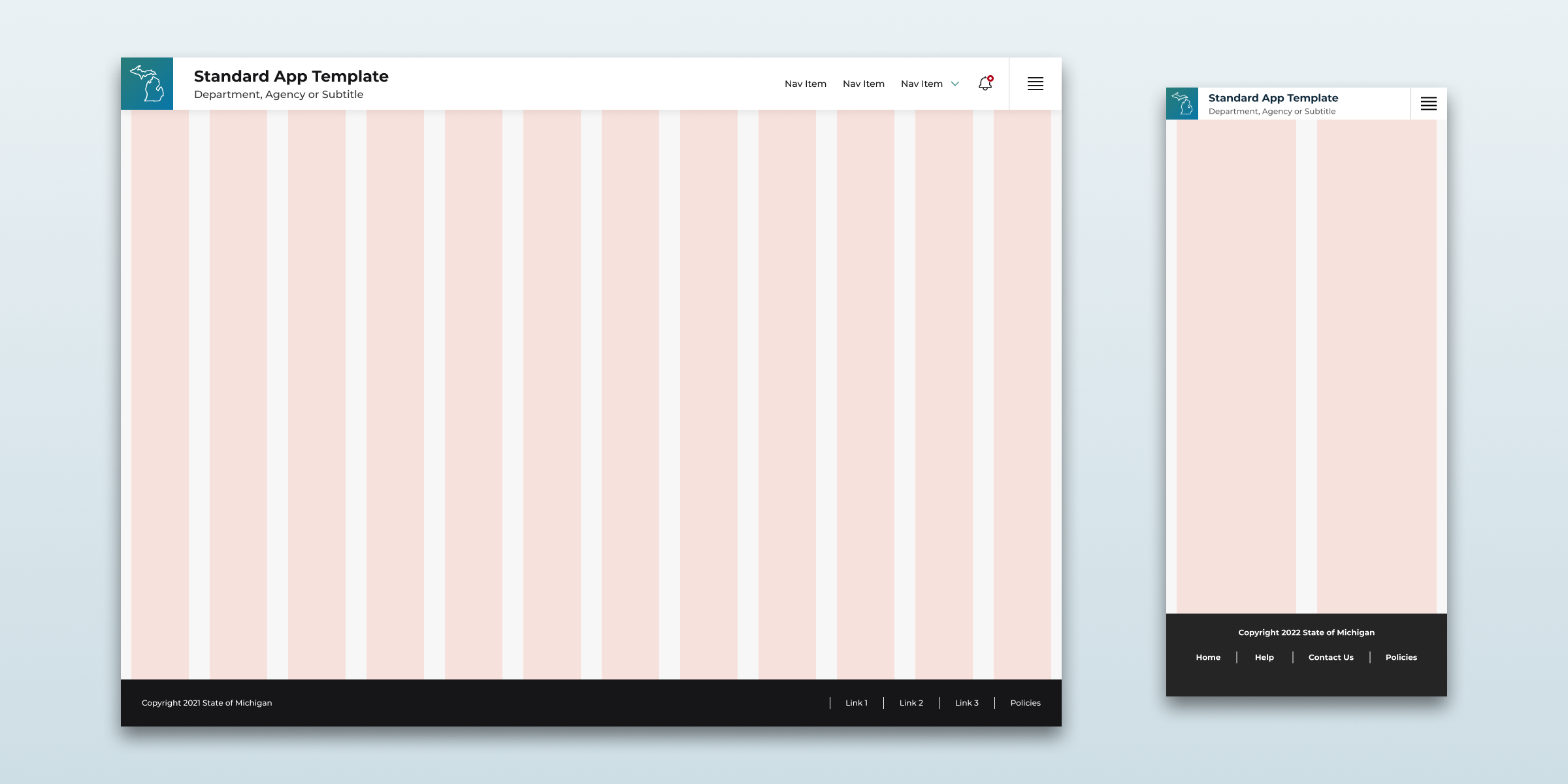 An image of an empty standard template on a desktop device next to an image of an empty standard template on a mobile device. Both have a header on top and a footer at the end of the page, with a blank area in the middle to input content.