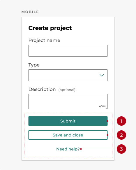 An image showing the proper locations of primary, secondary, and tertiary buttons on a form designed for a mobile browser.