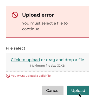 A file upload field featuring a button in an active state with helper text above it explaining the error to the user. An alert explaining the error is above.