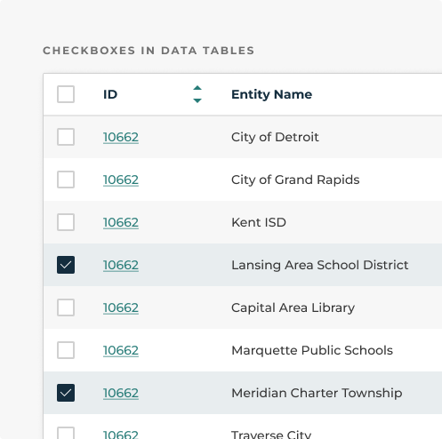 Checkboxes in a data table as described in the caption below.