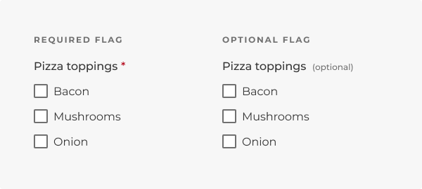 A checkbox group marked as required with a red asterisk next to a checkbox group marked as optional, as described in the content above.