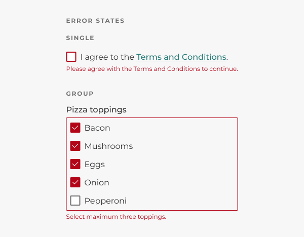 An unchecked checkbox, a checked checkbox, and a checkbox group marked as an error, as described in the caption below.