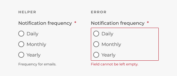 Helper text below a radio button group and error text below another radio button group, as described in the caption.