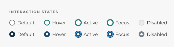 The default, hover, active, focus, and disabled radio button states, as described in the caption.
