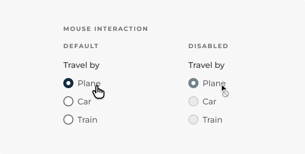 A mouse pointer hovering over an active radio button group next to a mouse pointer hovering over a disabled radio button group.
