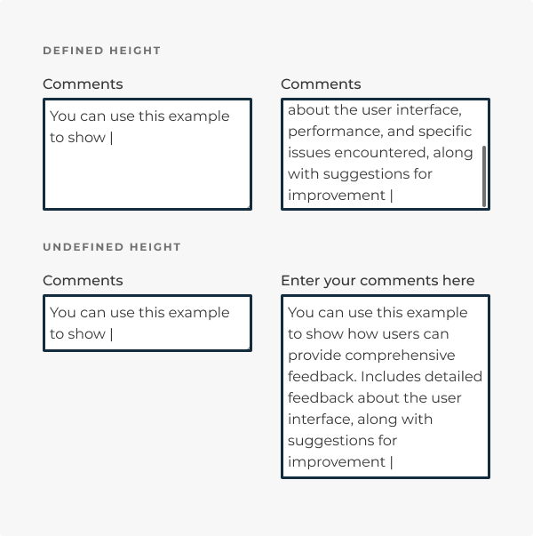 Examples of text areas with defined and undefined heights with varying lengths of text input.